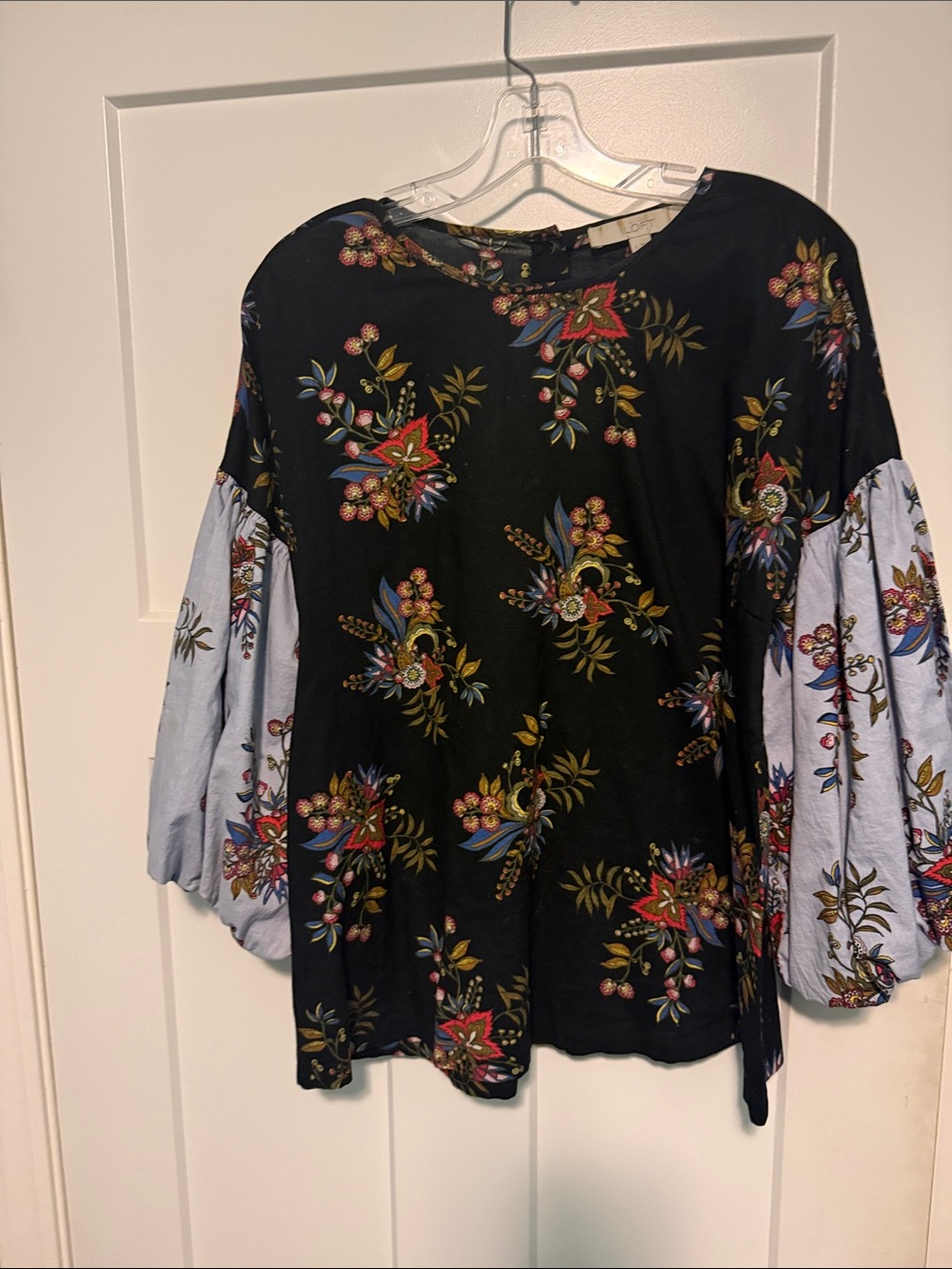 LOFT Black Floral Mixed-Sleeve Blouse with Light Blue Balloon Sleeves